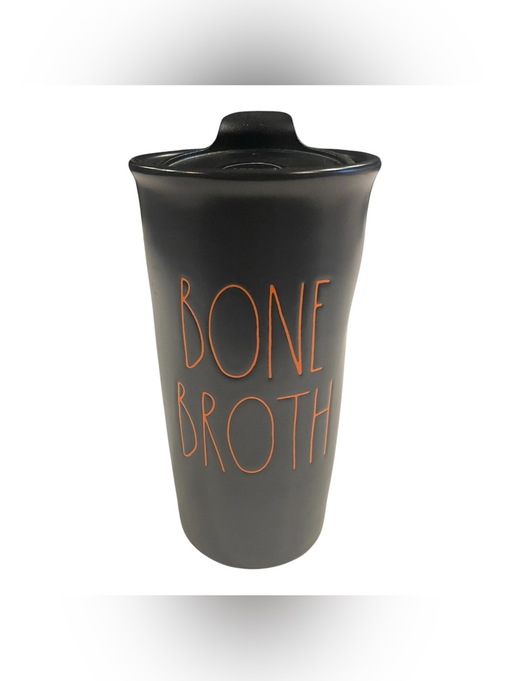Rae Dunn Halloween Mug W/Lid Black Ceramic Orange Lettering “Bone Both” Coffee